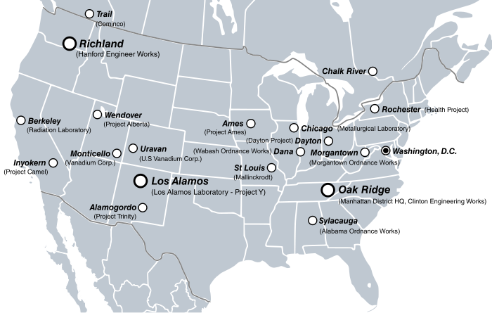 Map Showing various locations
                    related to the Manhattan Project