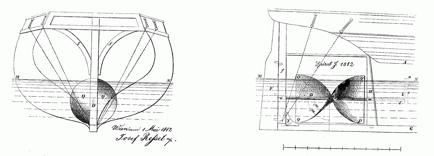 Ressel's first sketch of a screw propeller