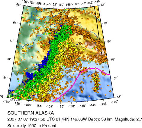 USGS map
of Alaska - earthquakes at depth