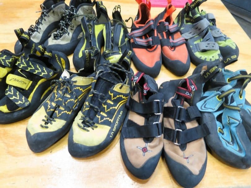 Variety of climbing
          shoes. Photo from:
          http://survival-mastery.com/reviews/rock-climbing-gear.html