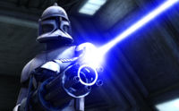 A picture of a badass clone trooper shooting a badass gun