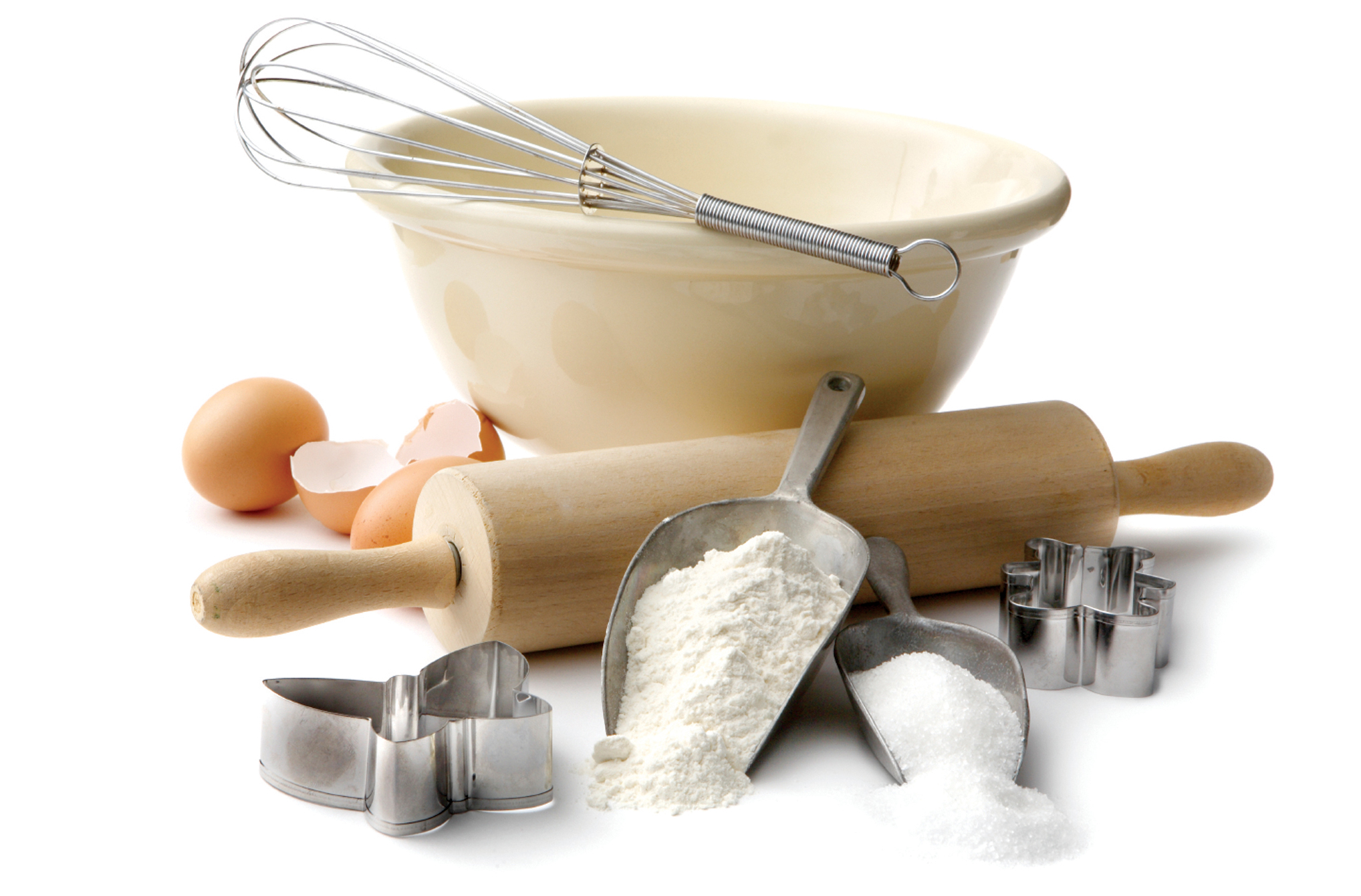 An assortment of baking supplies: a
        wisk, bowl, eggs, sugar, flour, etc.