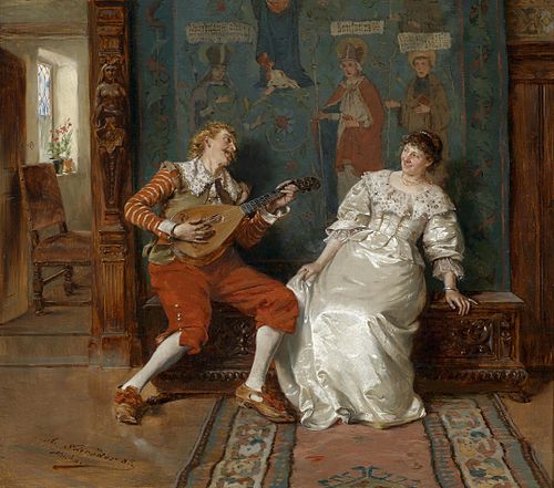 Albert Schroeder's 1885 painting,
                  "Musikalische Unterhaltung;" man playing the
                  lute seranading a woman