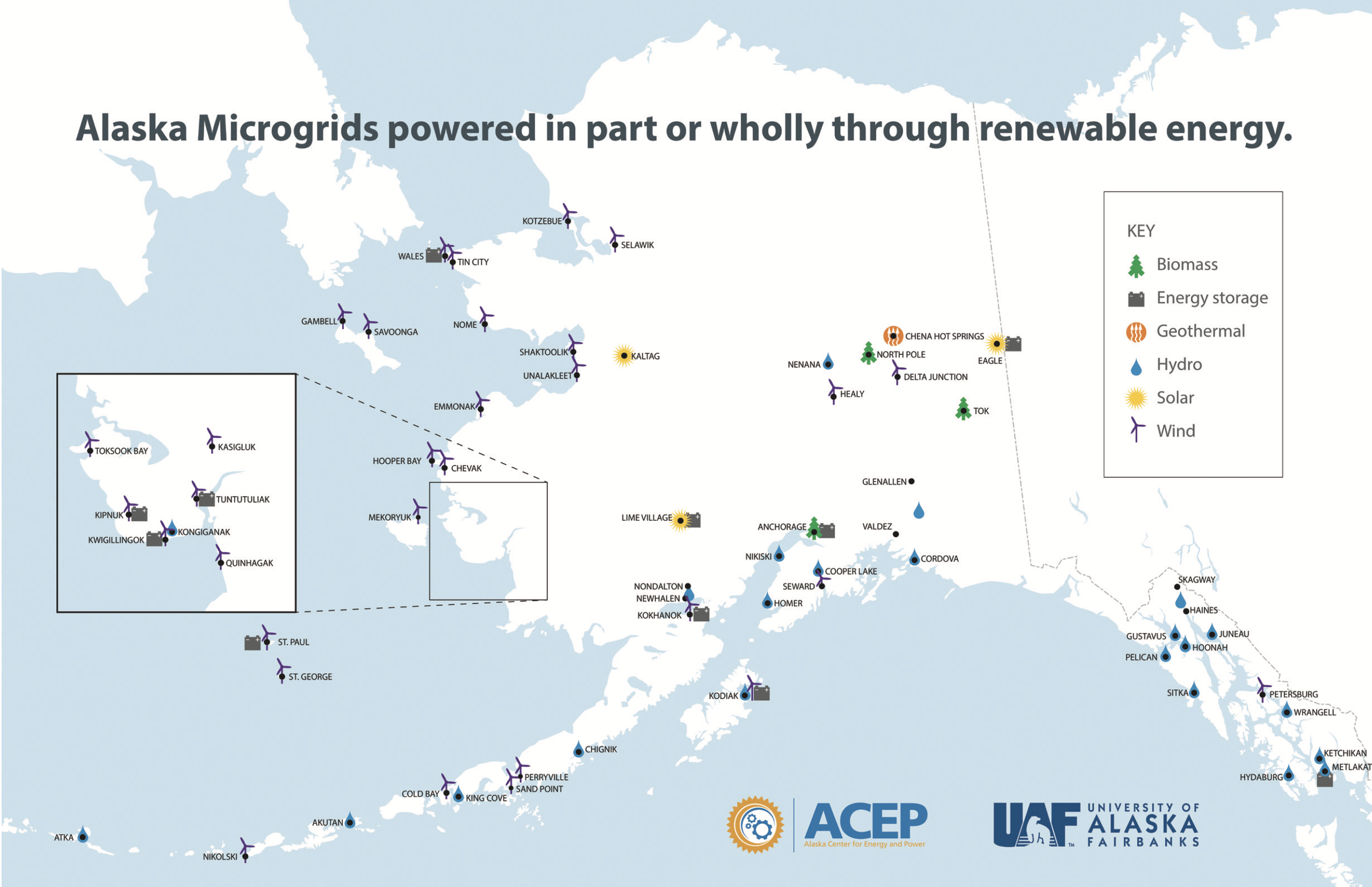 The image shows renewable energy sources across the vast state of Alaska.
